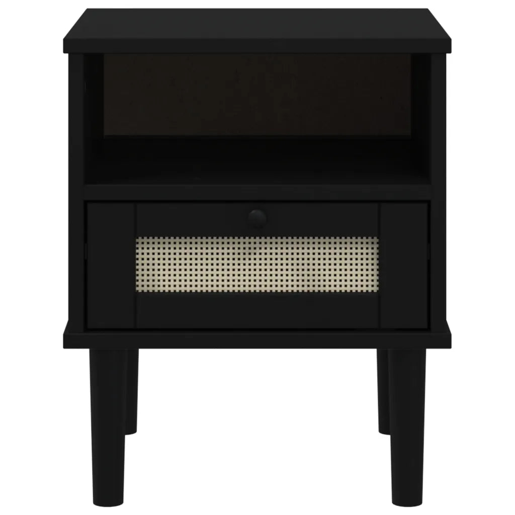 Comodino SENJA Nero Aspetto Rattan 40x35x48 cm in Legno di Pino 358012