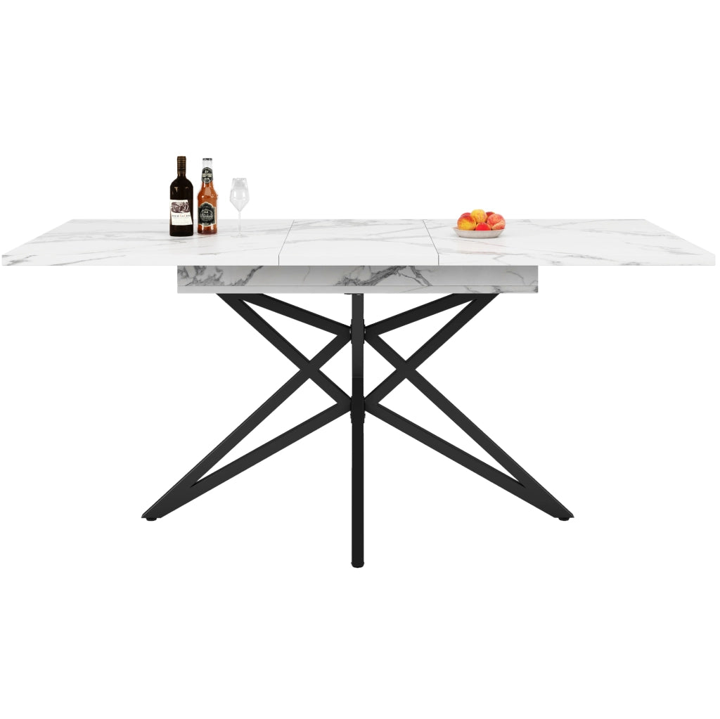 Tavolo da pranzo allungabile 120/160x80x76 cm; MDF e metallo; bianco; effetto marmo
