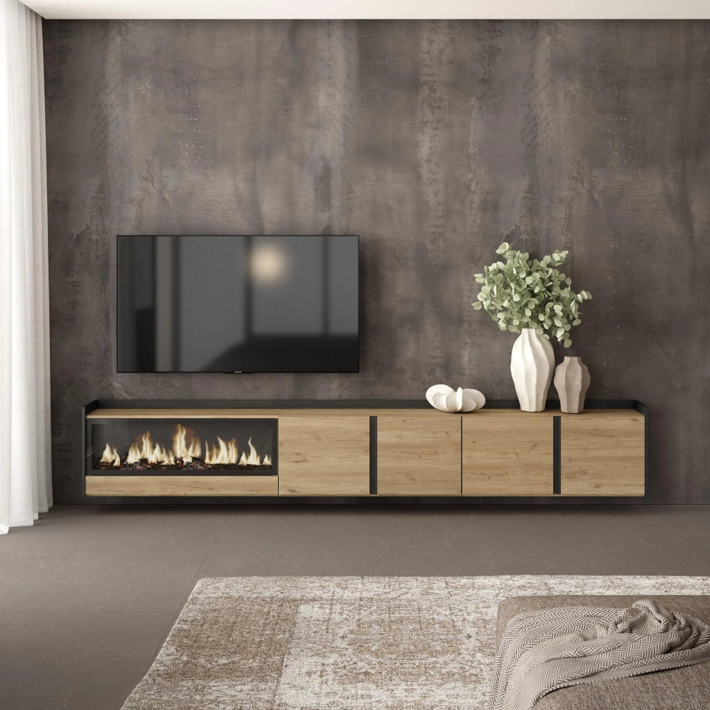 Mobile TV Soggiorno, 315x50x35 cm, Per TV fino a 80", Camino elettrico XXL, Sospeso, da appendere, Rovere e nero