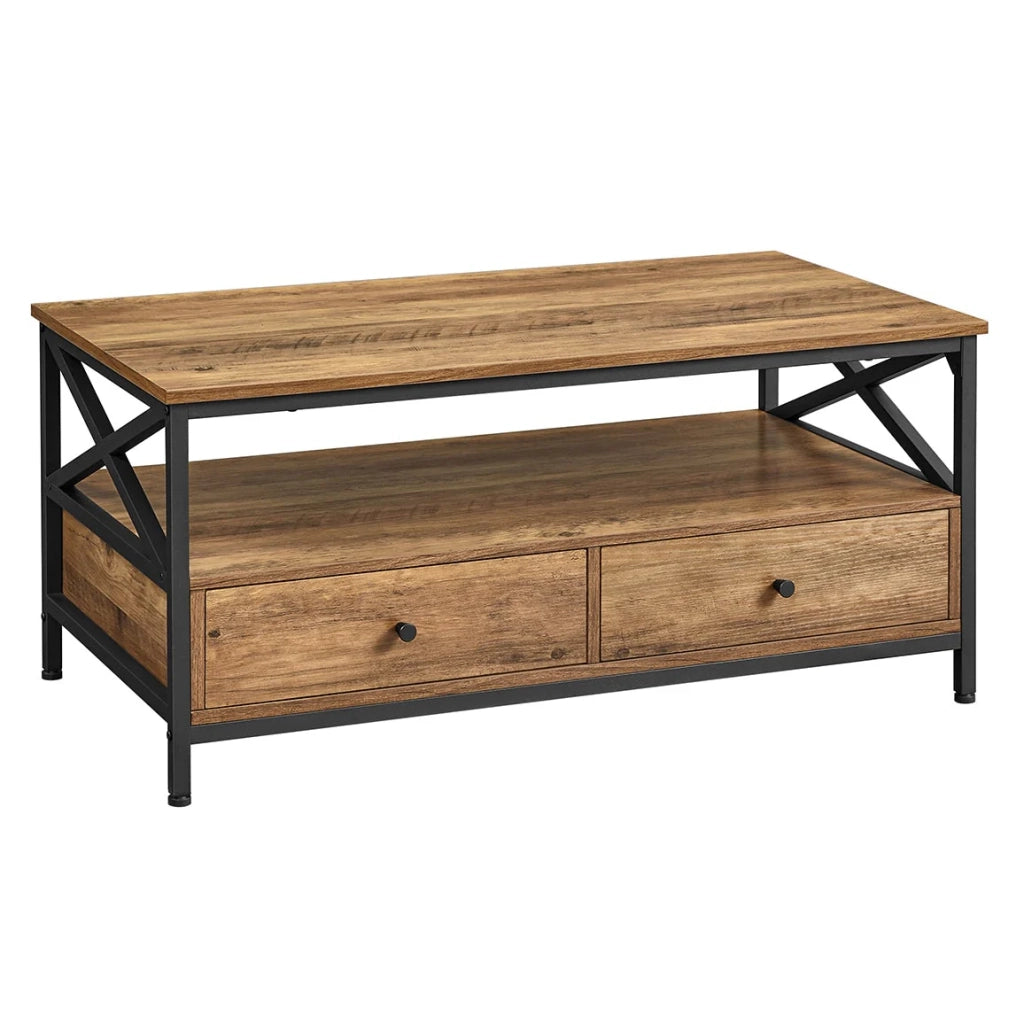 Tavolino da caffè tavolo da soggiorno credenza bassa con 2 cassetti e un vano aperto struttura in acciaio a forma di X 100 x 55 x 45 cm stile industriale marrone 12_0007486
