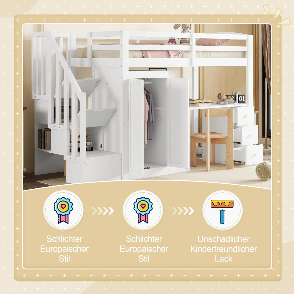 DESMIU Letto a Soppalco 1 Posto con Scrivania, Armadio, 3 Cassetti e Scala Contenitore 90 × 200 cm senza materasso
