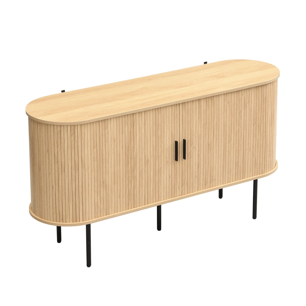 Credenza con 2 Ante a Serrandina Scorrevoli; Maniglie in Alluminio e Gambe in Ferro; in MDF; 140??40??78 cm; Naturale