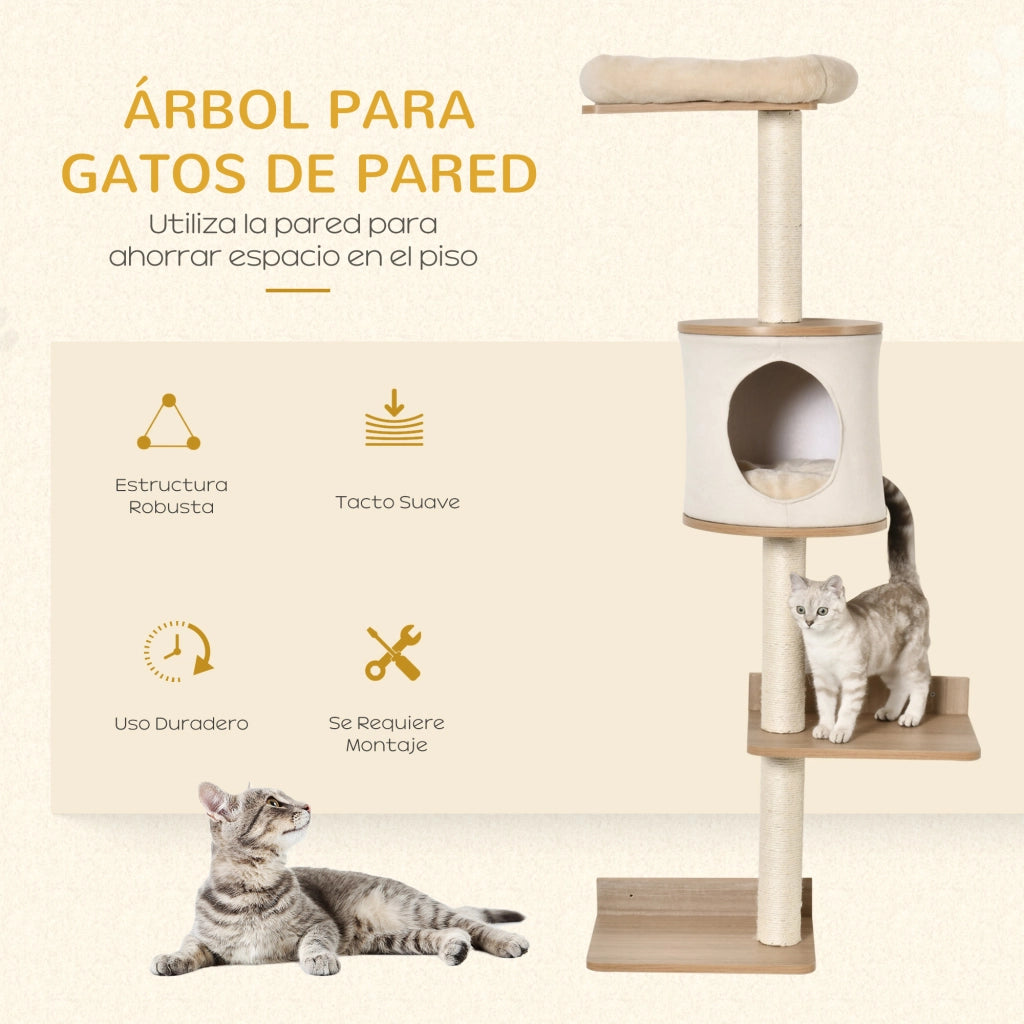 Albero per gatti a parete con piattaforme, cuccia e tiragraffi in sisal ¨C zephmum ¨C 38x30x149 cm