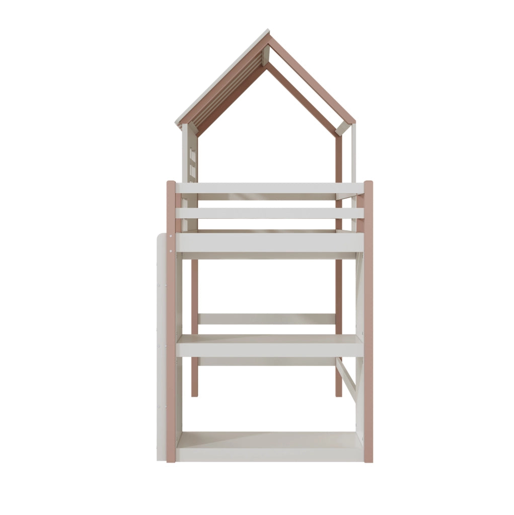 Letto per bambini a casetta 90x200 cm in legno massello; rosa; con scala di sicurezza