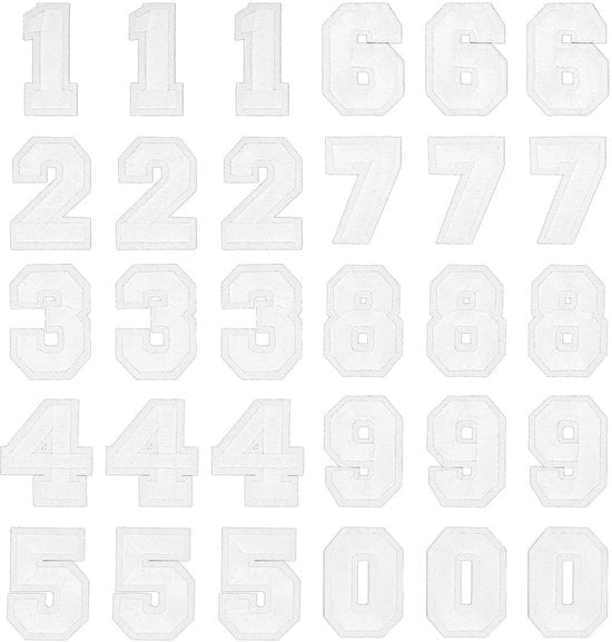 Etichette numeriche opstrikbare - Punti decorativi - Bianchi - Etichette numeriche 0-9 - Adatti per abbigliamento e attività di ricamo - 30 pezzi