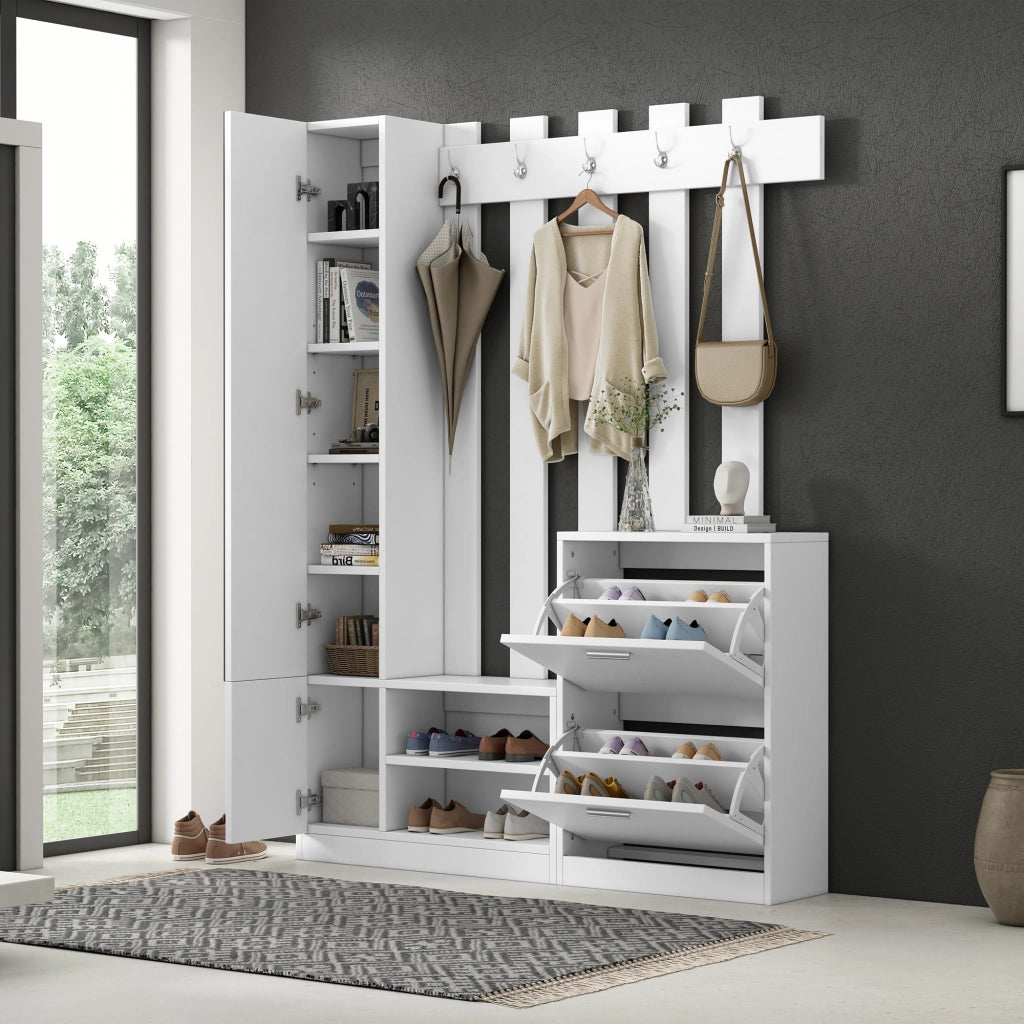 Mobile Ingresso con Specchio con 2 Ante a Ribalta e 5 Ganci; Scarpiera e Ripiani; in Pannello Truciolare; 135×25×180 cm; Bianco