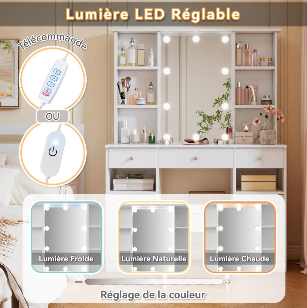 Tavolo trucco con specchio e LED; 3 cassetti; 2 ante; 110x40x151 cm; bianco