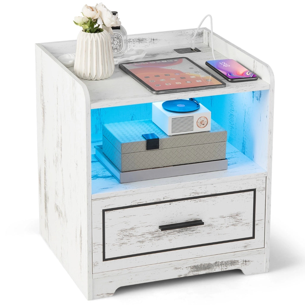 Set di 2 comodini a LED con 2 porte USB ripiano aperto e cassetto, Tavolini vintagi da divano Bianco-Comodini