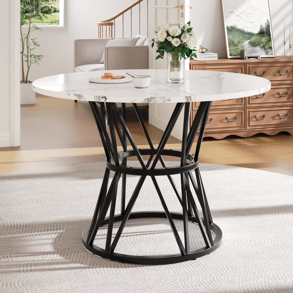 Tavolo da pranzo rotondo con piano in MDF effetto marmo e base in metallo, nero, 100 × 100 × 76 cm