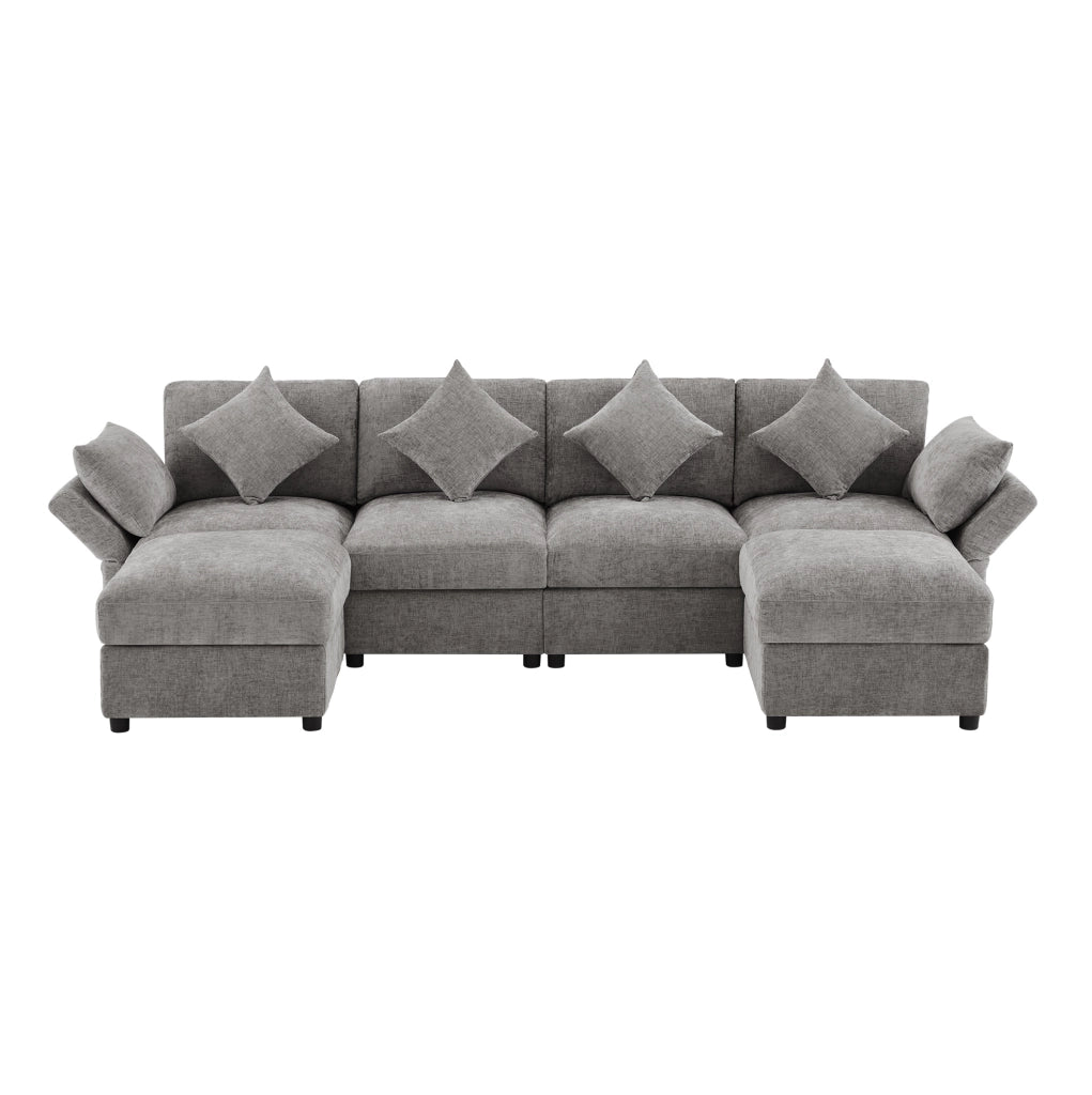 Divano modulare angolare 284x156;5x86 cm in chenille grigio con 2 pouf e 6 cuscini