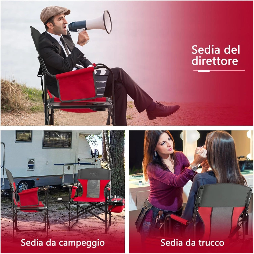 Sedia da Campeggio Pieghevole, Sedia da Regista Robusta con Tavolino, Borsa Frigo, Borsa Portaoggetti e Cinghia, Portata 180 kg, per Campeggio Escursione Pesca Picnic (Rosso)
