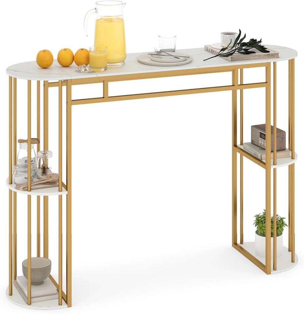 Tavolo da Bar Alto, Tavolino da Cucina Moderno con Piano in Finto Marmo, 4 Ripiani Laterali e Struttura in Metallo, Bancone Cucina da Casa per Soggiorno e Sala da Pranzo (Grigio)