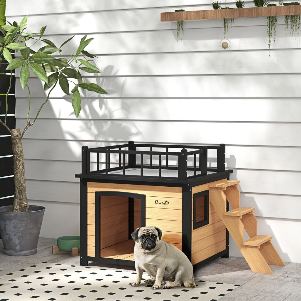 Casetta per cani con balcone, scala, finestre e porta, rialzata in legno di abete massello, giallo, 121 × 77 × 78 cm