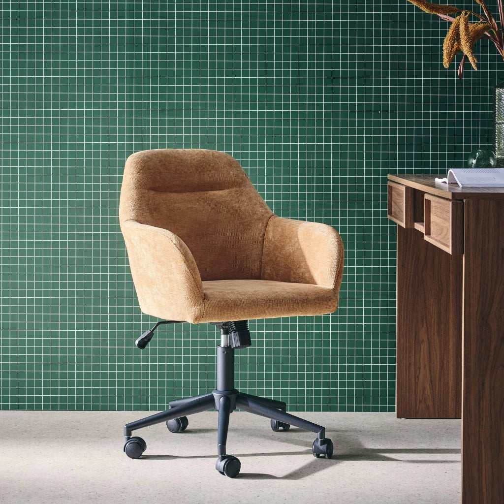 Sedia da ufficio con ruote regolabile in metallo e tessuto, camel