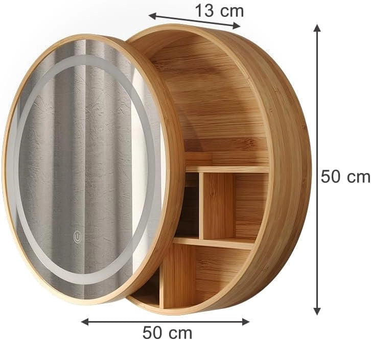Specchio contenitore bagno Silva, Bambù, 50 x 50 cm con 5 vani portaoggetti, per montaggio a parete con illuminazione LED integrata