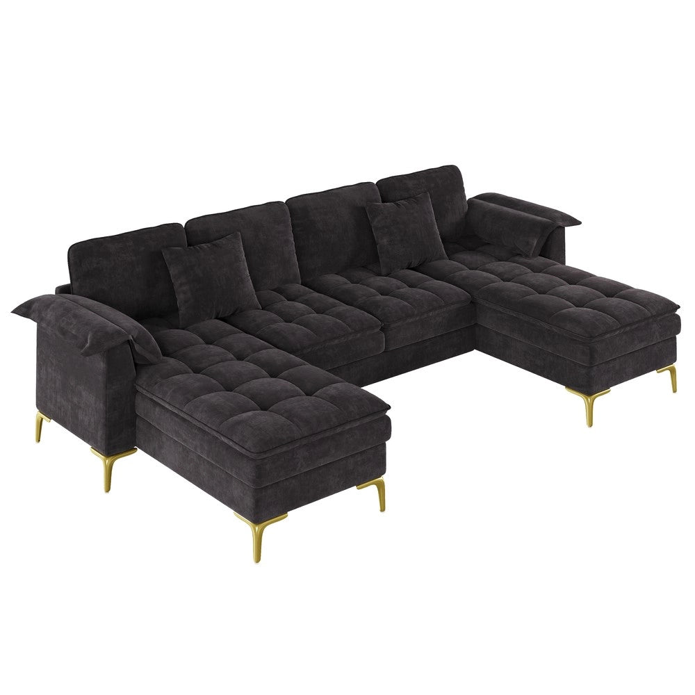 Divano angolare 4 posti con 2 chaise longue ¨C Minimal ¨C nero, tessuto chenille, gambe metallo, con cuscini