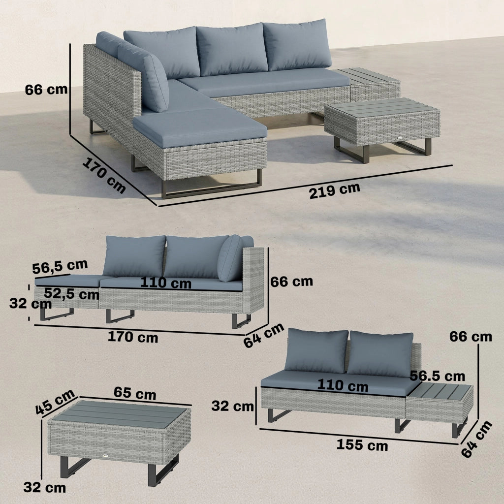 Set da giardino angolare in polyrattan 5 posti con divano letto e tavolo ¨C zephmum ¨C grigio