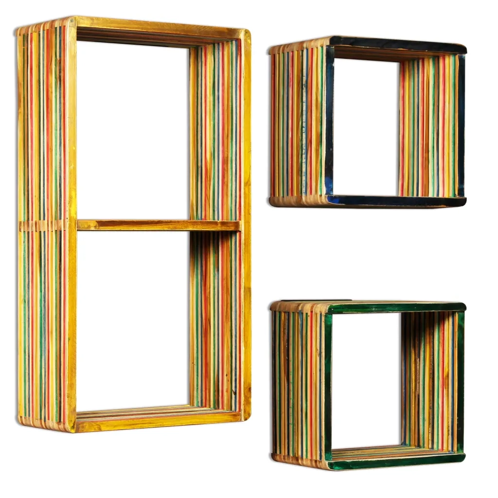 3 pz Set di Mensole | Ripiano | Scaffale in Massello di Teak di Recupero Multicolore
