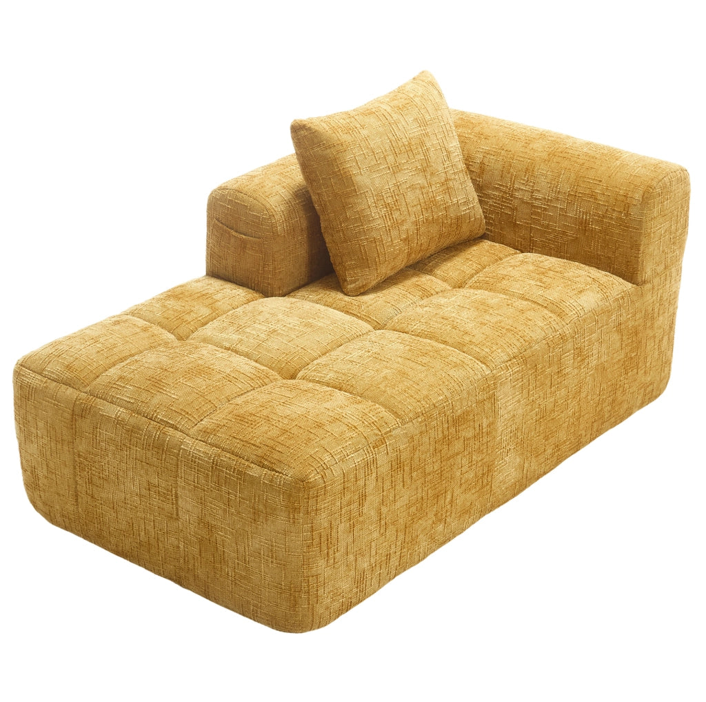 Divano chaise longue giallo in ciniglia con tasche laterali