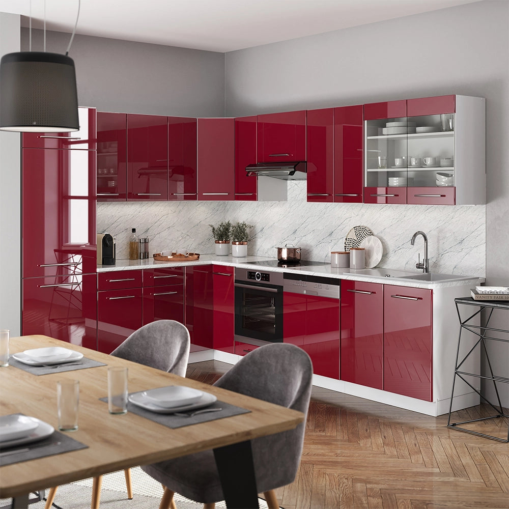 Cucina angolare completa Fame-Line Bordeaux lucido/Bianco 287 x 60 cm, PL Antracite Vicco