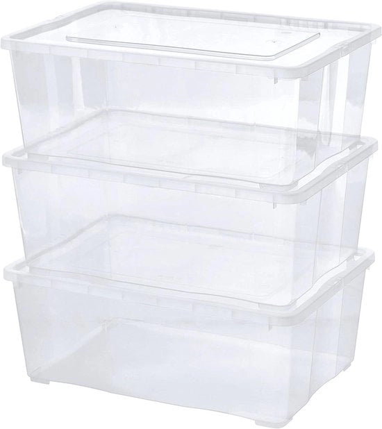 Cassetta di archiviazione trasparente con coperchio - Stacking - Trasparente - Per abbigliamento, scarpe, giocattoli, attività manuali - 3 pezzi