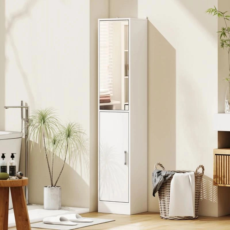 MOBILE COLONNA BAGNO IN LEGNO A 5 RIPIANI CON ANTA A SPECCHIO APRIBILE, 32X28X162 CM, BIANCO