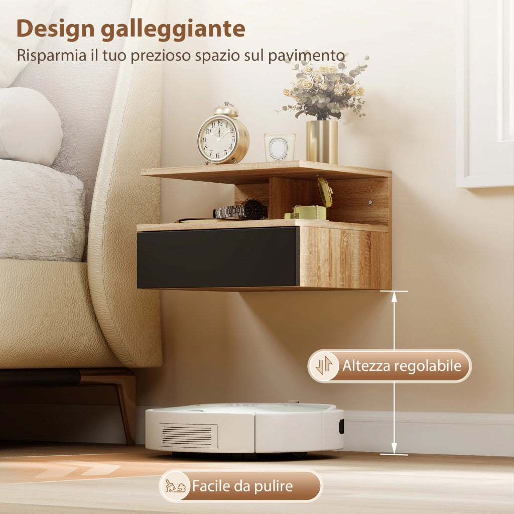 Set di 2 Comodini Sospesi con Cassetto e Mensola Aperta, 35x32x22.5 cm, Nero e Rovere