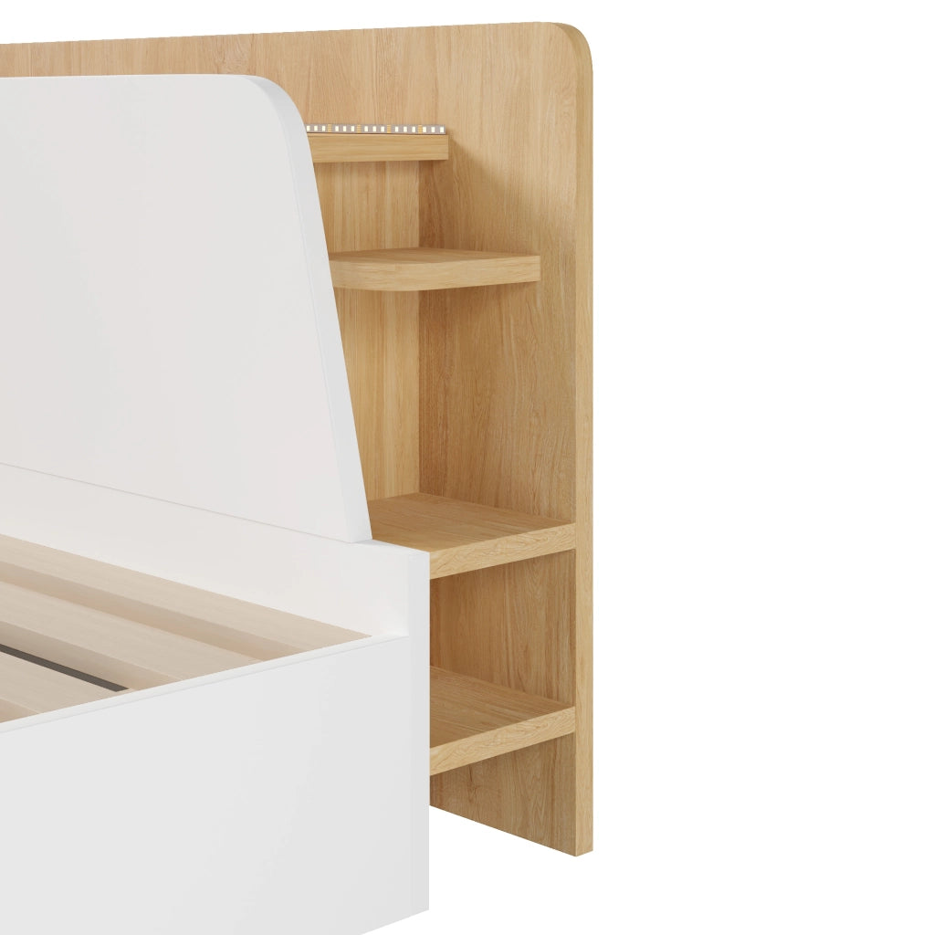 Letto contenitore 140x200 cm bianco e naturale con LED e USB-C