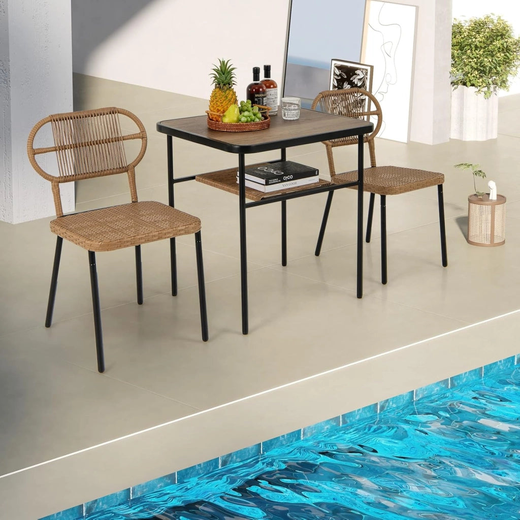 Tavolo e sedia da pranzo in rattan, salotto da giardino con tavolo a 2 livelli, 2 sedie in diverse dimensioni, design incassabile, per piccolo spazio, cucina, balcone, terrazza, naturale