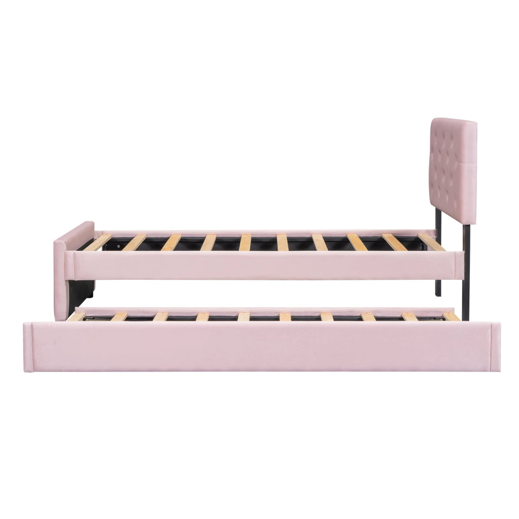 Letto Imbottito Singolo con Rete a Doghe e Contenitore ¨C MINIMAL ¨C Velluto Rosa 90x200