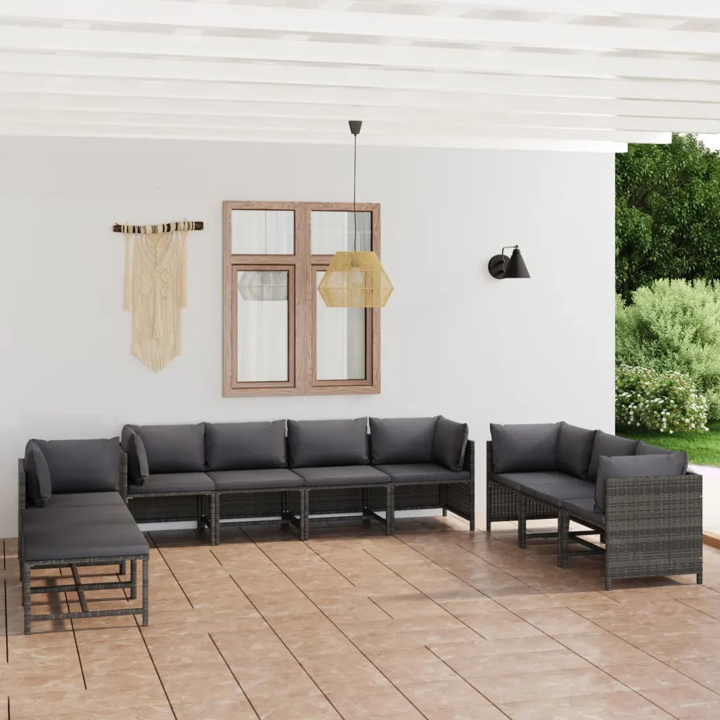 Set Divani da Giardino 10 pz con Cuscini in Polyrattan Grigio 3059774