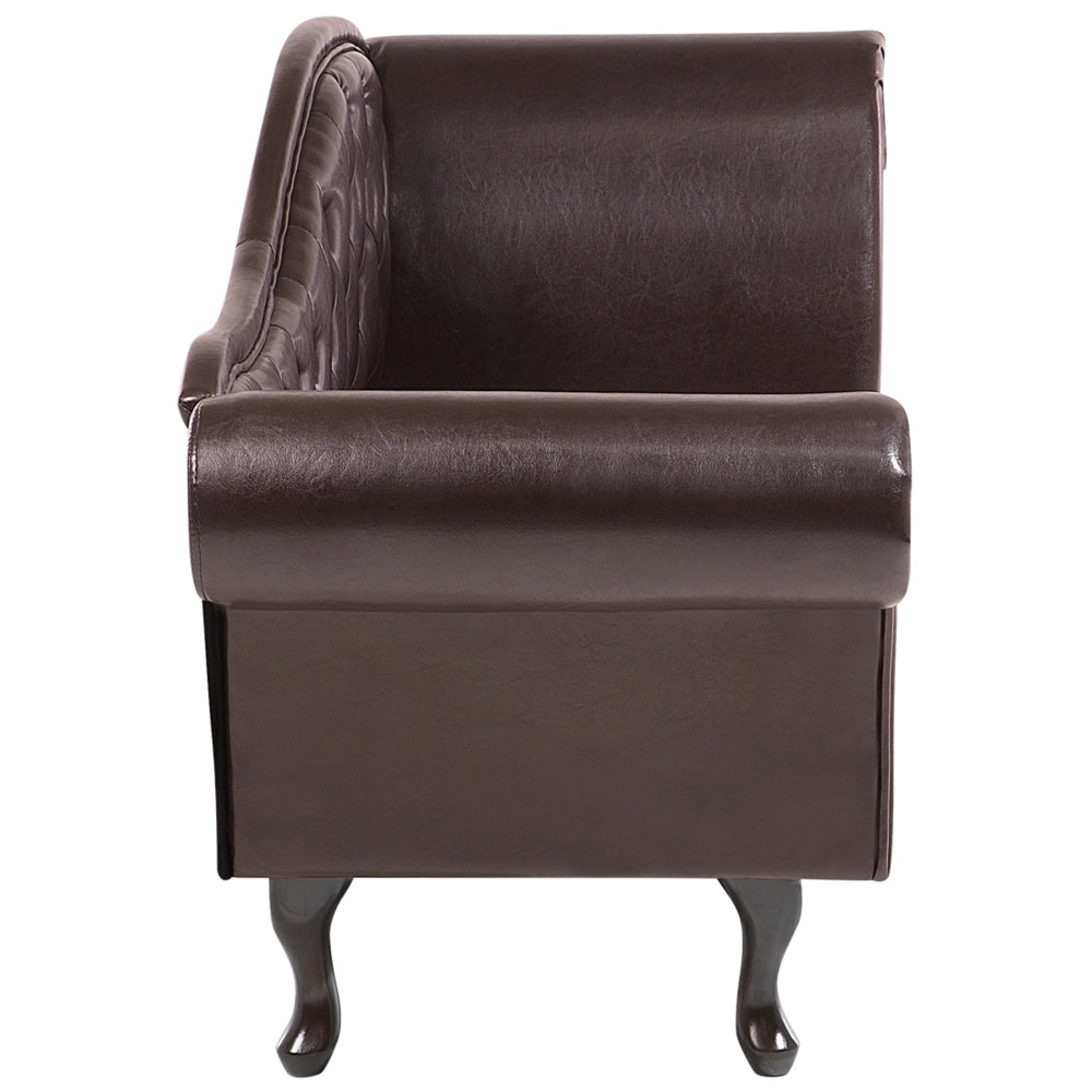 Chaise longue marrone in ecopelle con bottoni imbottiti braccioli arrotolati a versione destra con cuscino