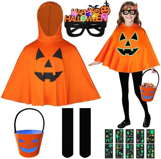 Costume per bambini Halloween - Lumineus Pompoen Spook - Cappello - Ciotola per dolci - Occhiali LED - Calze - 10 Adesivi
