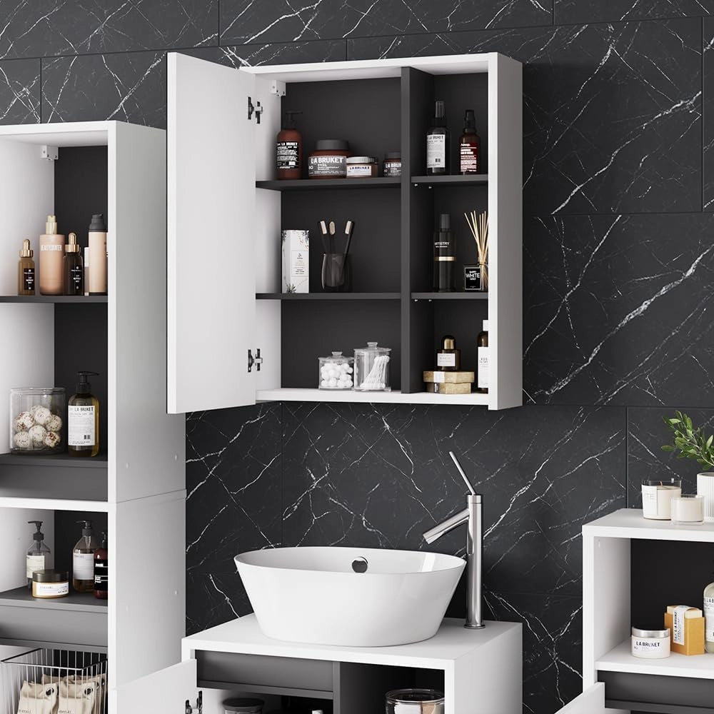Mobile a specchio per il bagno Viola, Bianco/Grigio, 60 x 75 cm con ripiani aperti