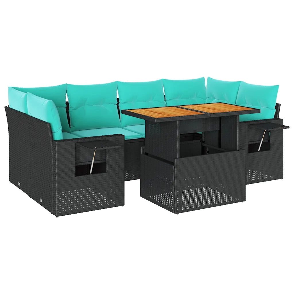 Set Divani da Giardino con Cuscini 7pz Nero Polyrattan