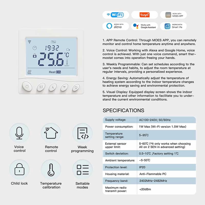 Termostato WIFI Con Bottone Protocollo WIFI 2.4G TUYA, Smart Life Quadrata Compatibile Con Scatola 502 Riscaldamento Caldaia a Gas Bianco 5A 95-240V IP20