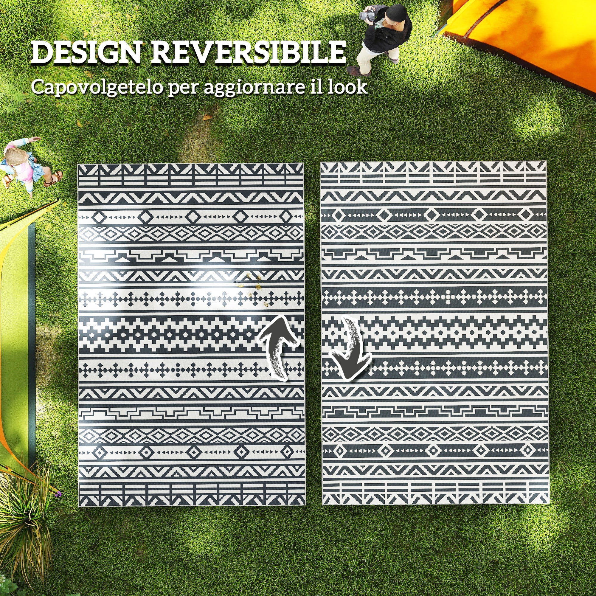 Tappeto da Esterno Reversibile 182x274 cm con Motivo Geometrico e Borsa Inclusa Grigio e Bianco