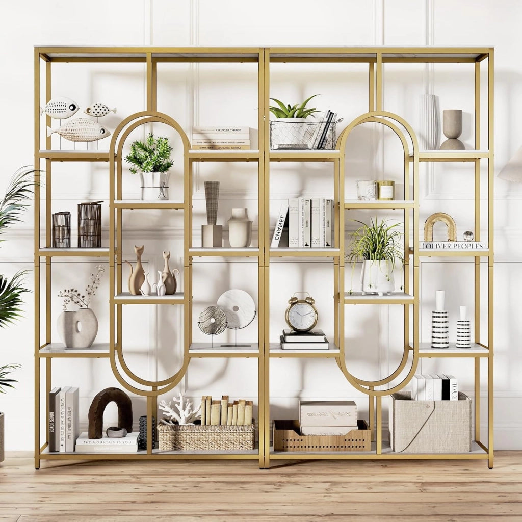 Libreria geometrica per carichi pesanti con telaio in metallo e protezione antiribaltamento, scaffale divisorio per libri, riviste e piante, 95 x 30 x 175 cm (bianco + oro)