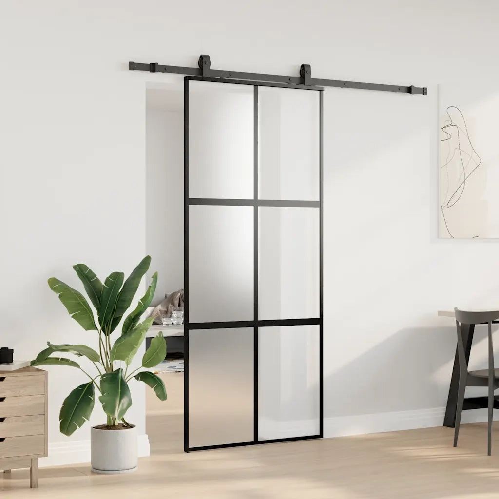 Porta Scorrevole Set Ferramenta Nera 90x205 cm Vetro Temperato 3375881