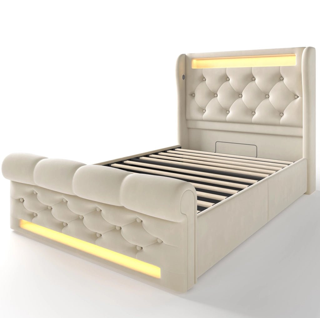 Letto singolo imbottito 90x200 cm beige in velluto con LED, porta USB e Type-C, contenitore idraulico