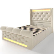 Letto singolo imbottito 90x200 cm beige in velluto con LED, porta USB e Type-C, contenitore idraulico