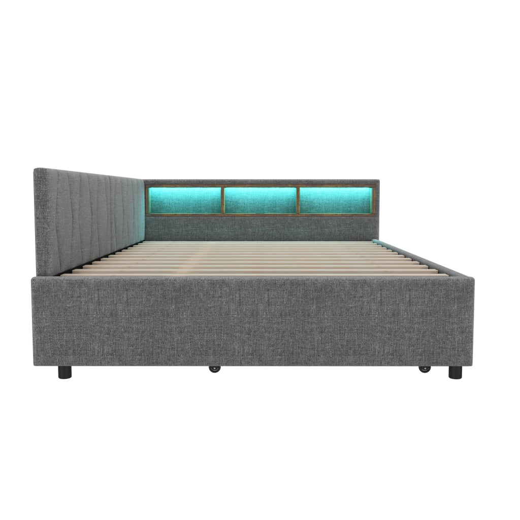 Letto 140x200 cm estraibile con LED; vano portaoggetti e USB in lino grigio
