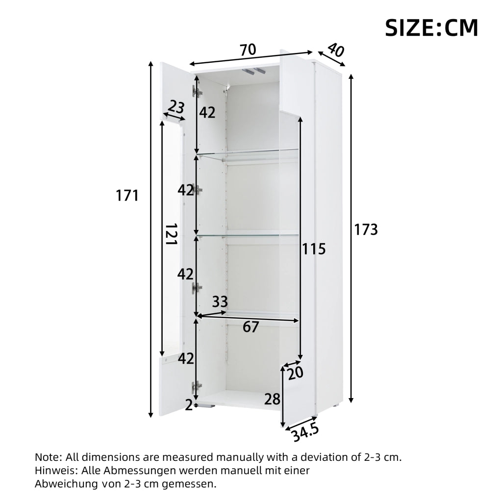 Vetrina con 2 ante in acrilico, ripiani in vetro temperato e LED app, per soggiorno, bianca, 70 × 40 × 173 cm
