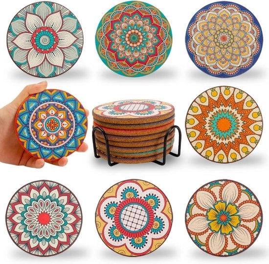Sostegni in legno con ciotola, set di 8 sostegni in gomma, sostegni in legno con ciotola, sostegni riciclabili, sostegni in gomma colorati, idee regalo bohemien per donna