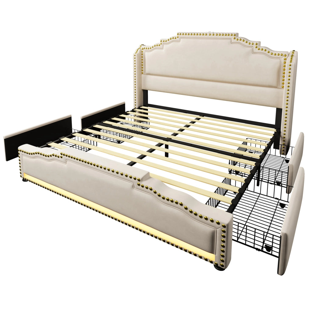 Letto matrimoniale 160x200 cm in velluto beige con LED; porte USB e Type-C; 4 cassetti