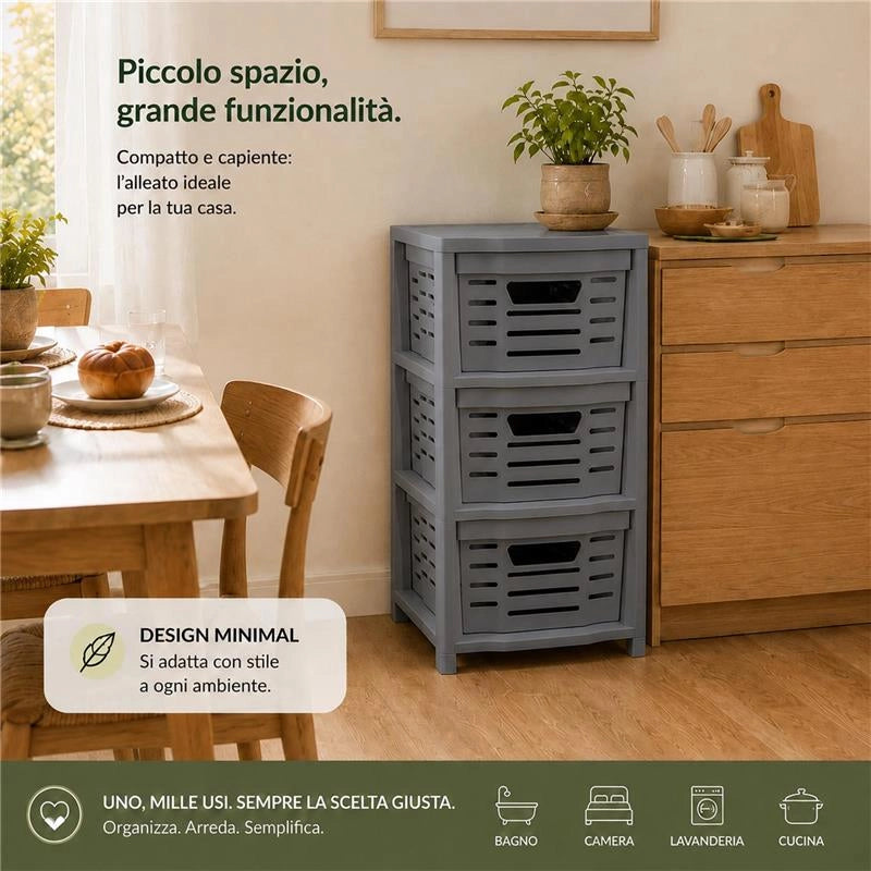 CASSETTIERA  MULTIUSO IN POLIPROLPILENE CON 3 CASSETTI , DOPPIA APERTURA E RUOTE - 365X28,5X51,5  CM COLORE GRIGIO