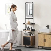 Scaffale da bagno con specchio, scaffale di archiviazione con ripiani regolabili e armadio, 40x30x179cm, nero