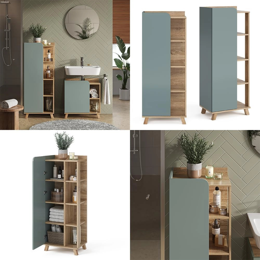 Mobiletto bagno Karen, Sonoma/blu, 50 x 128 cm con porta e vani aperti, per la conservazione di articoli da bagno e asciugamani