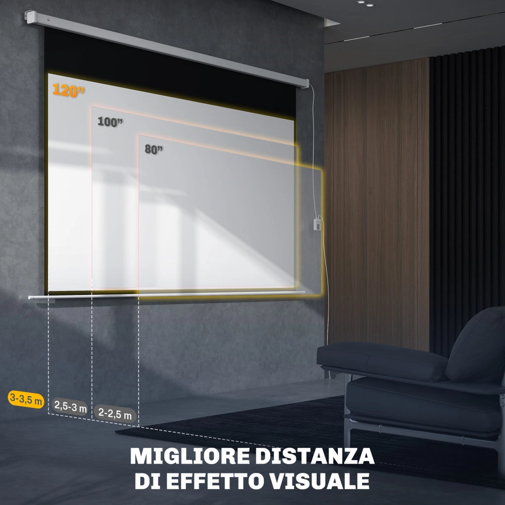 Telo per Proiettore 120 Pollici con Telecomando, in PVC e Metallo, 293x8x193 cm, Bianco