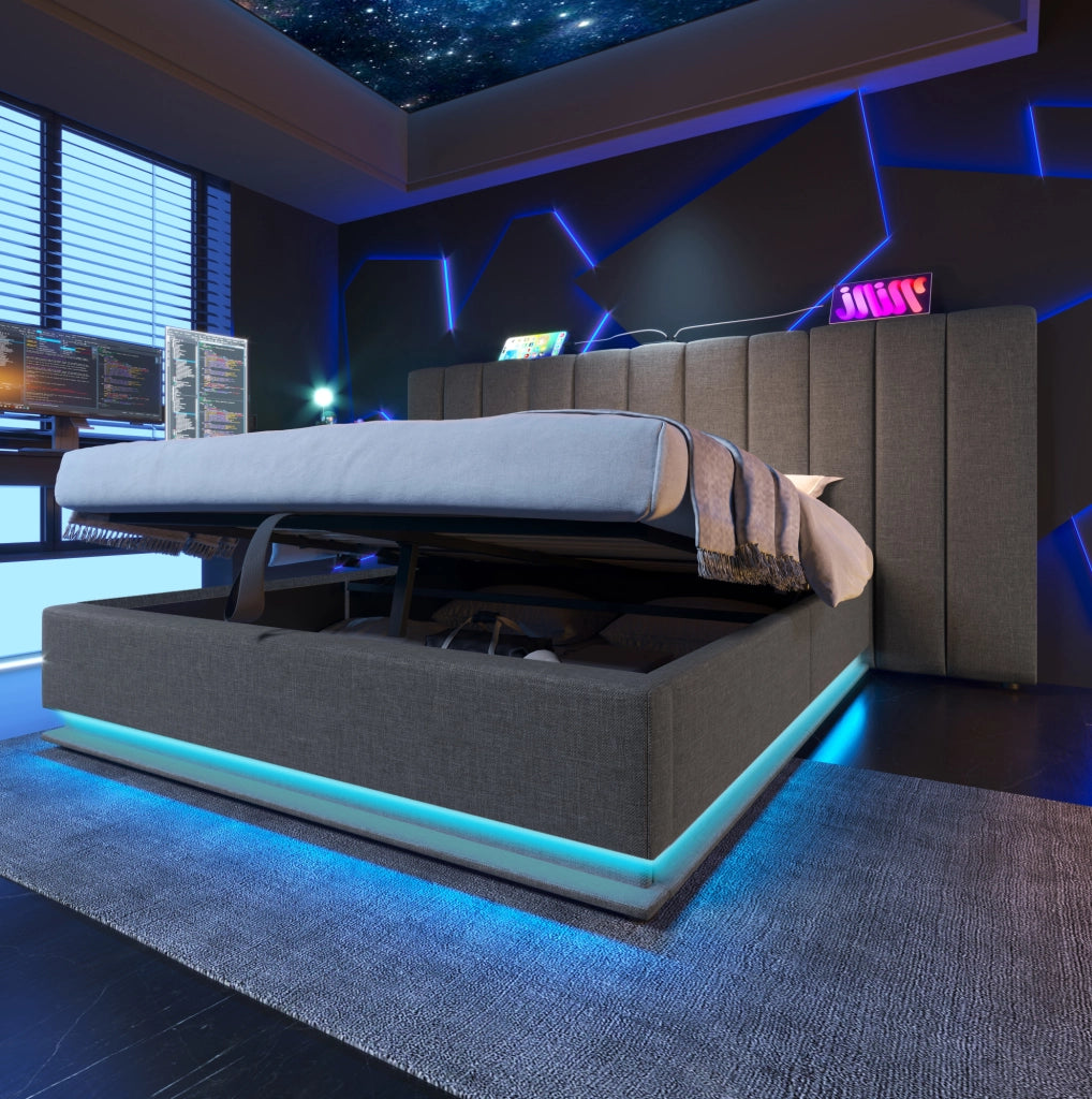 Letto matrimoniale contenitore 180x200 cm con LED 360掳; USB e USB-C; in lino grigio
